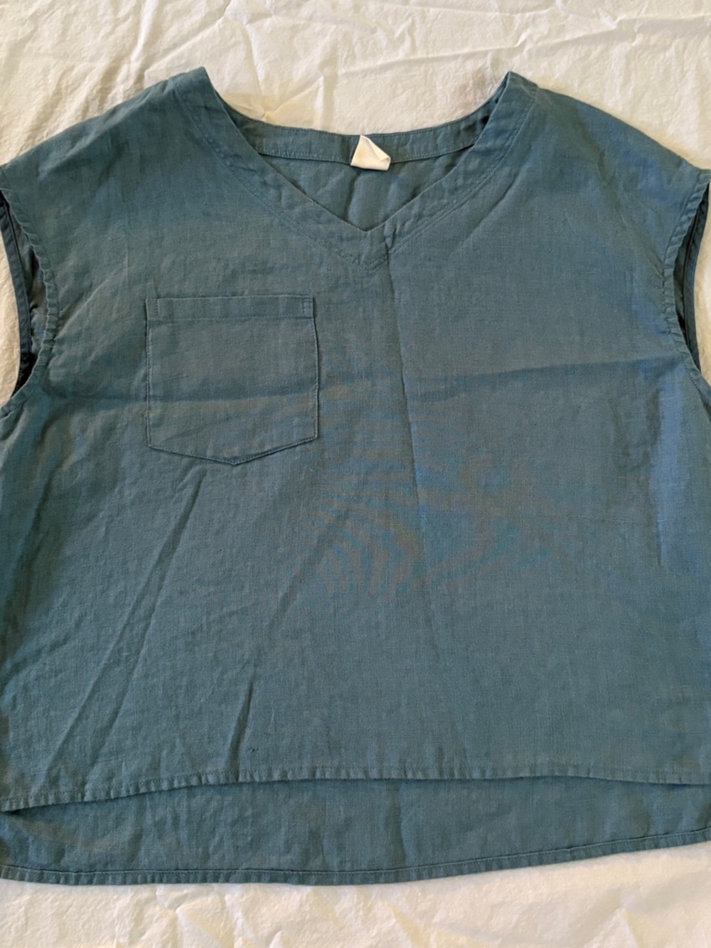 Lintico Women’s Blue 100% Linen V-Neck Cap Sleeve Crop Top FRESSA Size Medium - Picture 2 of 7